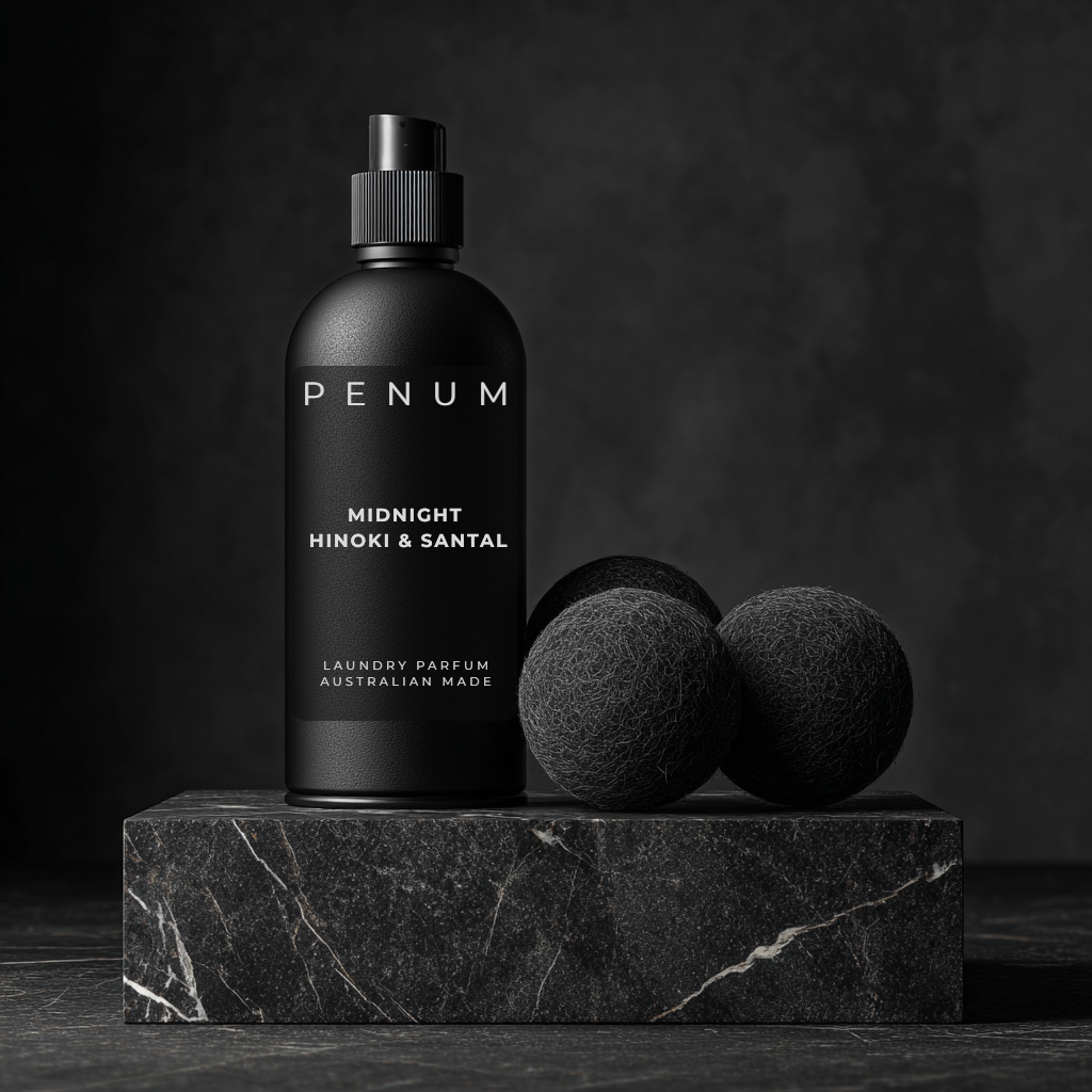 Penum Midnight Hinoki & Santal Laundry Parfum bottle and matte black wool dryer balls displayed on a minimalist concrete plinth.